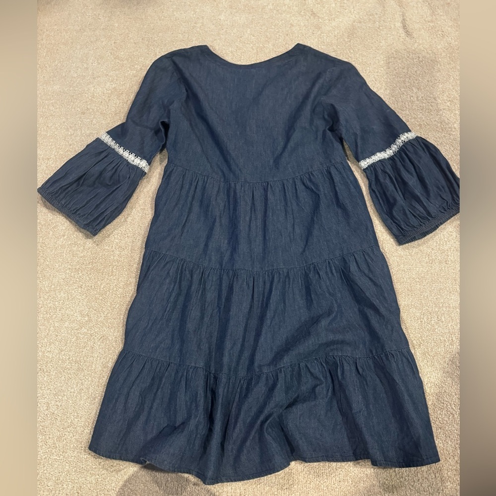 Anthropologie Lapis Chambray Tiered Boho Dress Small Lace Trim Bell Sleeve - Picture 2 of 5